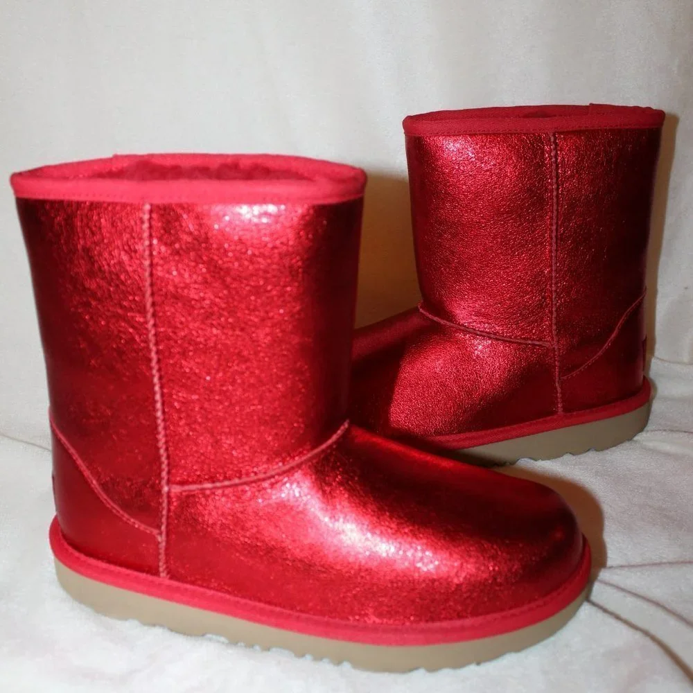 NIB UGG TODDLER GIRL'S RED METALLIC GLITTER SHEARLING LINED CLASSIC SHORTS BOOTS